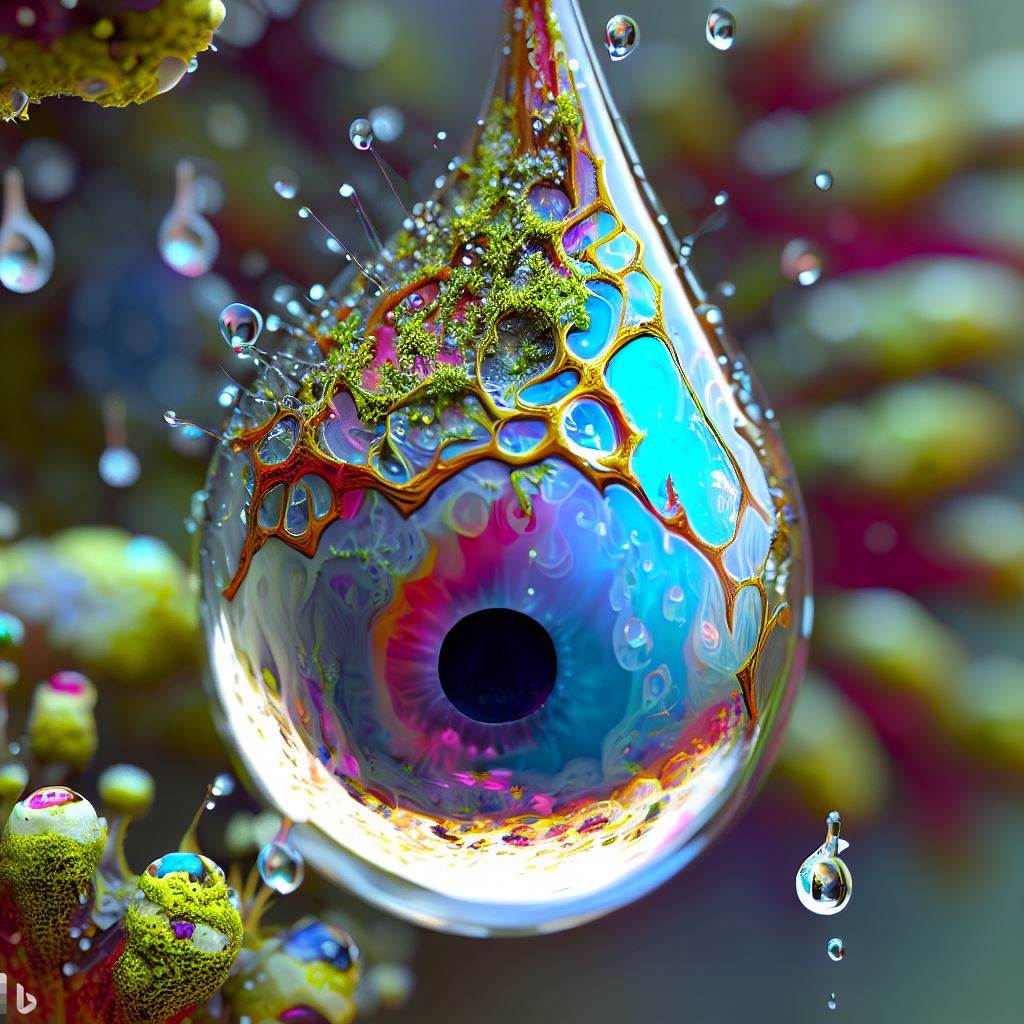 2- 3D hyper-detailed joyfully bursting spattering raindrop with lichen nano-circuitry woven into iris-stroma eye-pupil at its core, spattering wet rainforest moss synapses, mirroring recursion.jpg